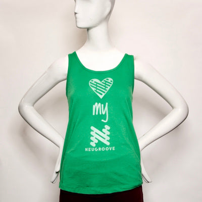 Fitted green be gentle tank top (front), be gentle text is displayed inside out.