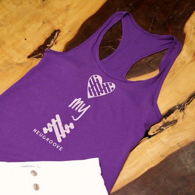 Purple fitted tank shown Love my Neugroove, inside a gentle reminder to "be thoughtful" is displayed across your chest.