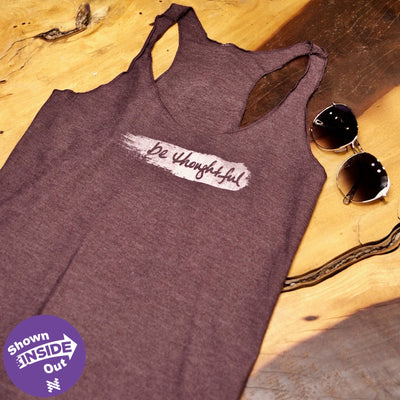Vintage purple modern fit "be thoughtful" tank, product displayed inside out